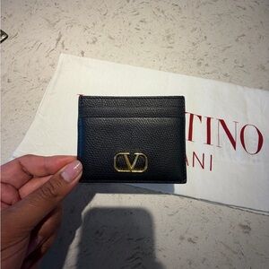 Valentino Garavani Black Leather Card Case with Gold V Emblem